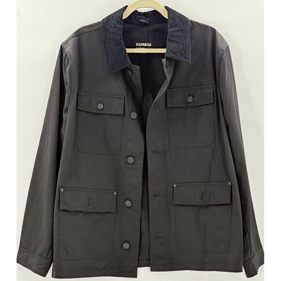 Express Field Jacket Black With Corduroy Collar Multi Pocket Layering Mens Sz L - Picture 2 of 6